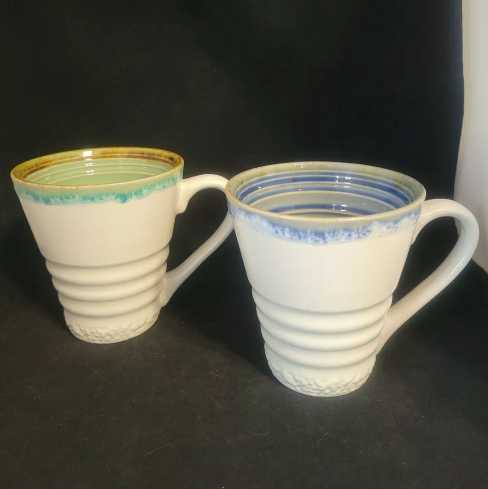 NWOT LOT 2 Meritage Stoneware Coffee Mugs Aqua Green & Cobalt Blue